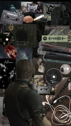 a collage of various items including cds, tape recorders and headphones