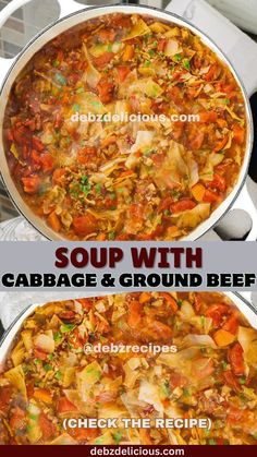 two large pans filled with cabbage and ground beef soup on top of each other