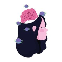 a woman's head with a pink brain and planets on the top of it