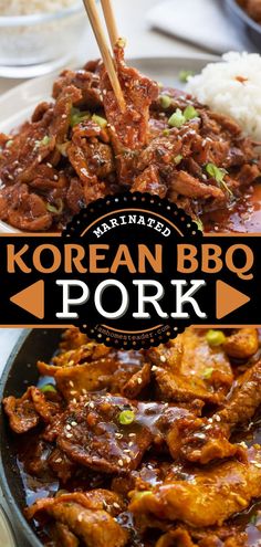 korean bbq pork with chopsticks and rice