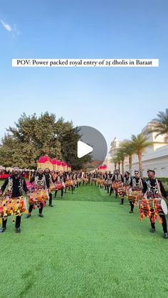 a group of people that are standing in the grass with some kind of musical instrument