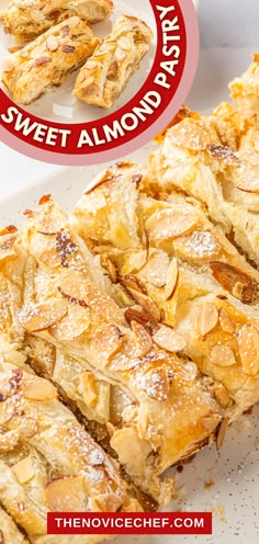 a close up of some food on a plate with the words sweet almond pastries