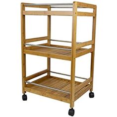 a wooden shelf with three shelves on wheels