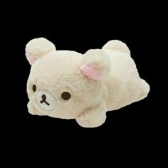 a small white teddy bear laying on top of a black background