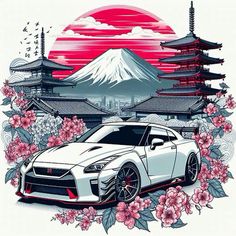 a white car parked in front of a mountain with flowers and pagodas on it