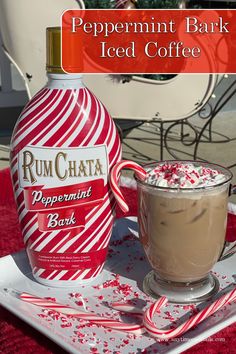 a peppermint bark iced coffee next to a bottle of rumchata peppermint bark