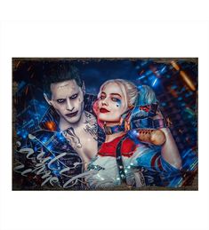 the joker and harley are posing together in front of a cityscape with neon lights