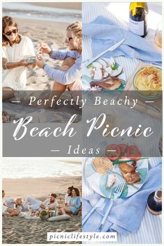 Collage of beach picnic scenes with picnic food and text overlay - Beach picnic ideas Beach Picnic Hacks, Beach Picnic Menu Ideas, Beach Dinner Picnic, Dinner On The Beach Ideas, Winter Beach Picnic, Beach Breakfast Ideas, Picnic On The Beach Ideas, Easy Beach Picnic, Beach Brunch Picnic