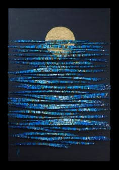 an abstract painting with blue and black lines on the bottom, and a full moon in the background