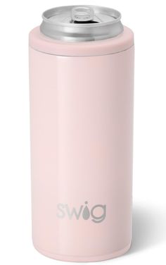 a pink beverage canister with the word swig on it's front and side