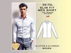 a man wearing a white shirt and gray pants with the text xs - xxl slim fit men's sewing pattern