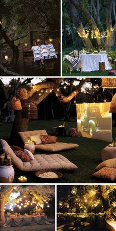 an outdoor movie is set up in the grass with lights strung over it and pillows on the ground