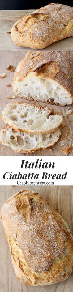 the bread is sliced and ready to be eaten on the table with text overlay that reads italian ciabatta bread