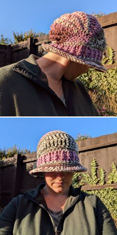 two pictures of a woman wearing a crocheted hat with pink and white stripes