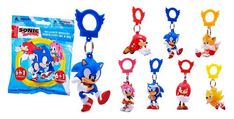 sonic the hedgehog keychains are shown in different colors and sizes, including red, white, blue, yellow, and green