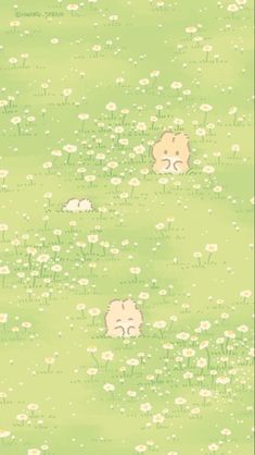 two sheep are laying in the grass with daisies and daisies around them on a green background