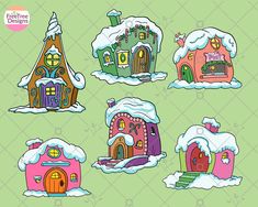 cartoon houses with snow on them are shown in this image, and there is also a green background