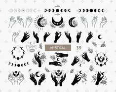 hand and moon symbols in black and white on a white background with stars, crescents,