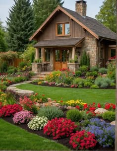 a house with lots of flowers in the front yard