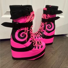 Please Note: One Of The Boots Has One Of The Lace D-Ring Pieces Detached. It’s Probably An Easy Fix Tho. See Pics. These Are Otherwise In Brand New Condition. Doll Kill Shoes, Outfit Ideas For Ocs, Neon Punk Fashion, Scene Shoes, Dolls Kill Shoes, Goth Shoes, Scene Outfits, Cute Shoes Heels, Funky Shoes