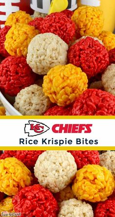 rice krispie bites are in a bowl with the words chiefs on it and an image of