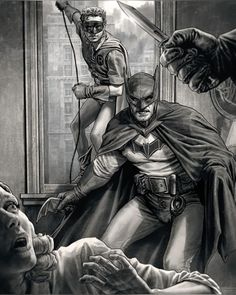 a black and white drawing of batman being attacked by two other men in the background