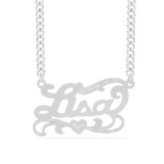 This Name Pendant with Diamond cut "Lisa" is available in either: Silver Plated Gold Plated Sterling Silver and 14K Gold over Sterling Silver. You can choose up to 10 characters (Letters only, NO numbers or special characters).Finished with diamond cuts.