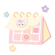 a drawing of a cat on top of a pink house with flowers around the edges