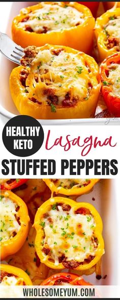 healthy keto lasagna stuffed peppers in a white baking dish with a fork