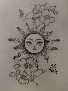 a drawing of a sun with flowers on it