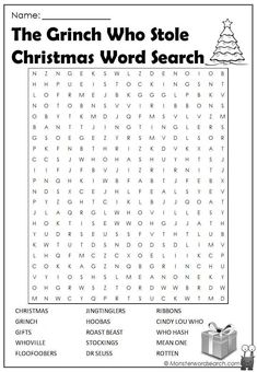 the grin who stole christmas word search printable worksheet for kids and adults