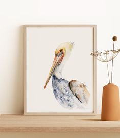 a watercolor painting of a pelican on a shelf next to a vase