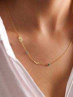 Initial Birthstone Necklace, Letter Necklace Initials, Family Birthstone Necklace, Gold Initial Pendant, Topaz Birthstone, Initial Necklace Gold, Necklace Personalized