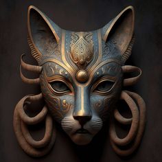 a cat mask with snakes around it's neck and eyes, on a black background