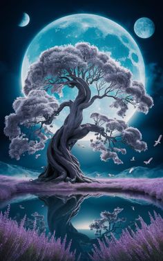 a painting of a tree in front of a full moon with purple flowers on the ground