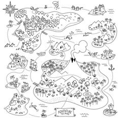 hand drawn doodle map of the island with houses, boats and other things in black and white