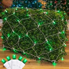 a large boxwood hedge with green lights on it's sides and some white gloves laying next to it