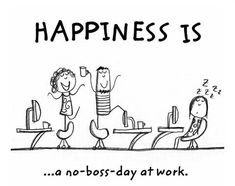 a cartoon drawing of two people sitting at desks with the words happiness is