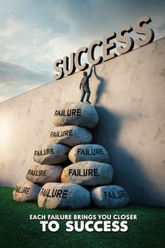 a man climbing up the side of a wall with words on it to spell success