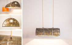 four different views of a light fixture hanging from the ceiling, and in three different angles