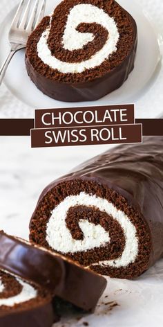 chocolate swiss roll with cream filling on top