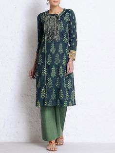 Buy Green-Lemon Natural Dyed & Hand Block Printed Stitch Detailed Yoke Cotton Kurta Online at Jaypore.com Kurta Sets For Women, Ethnic Kurti, Kurtas For Women, Green Lemon, Cotton Kurta, Anarkali Suits, Indian Attire, Casual Suit, Suit Designs