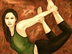 a painting of a woman doing yoga in front of a brown background with green leaves