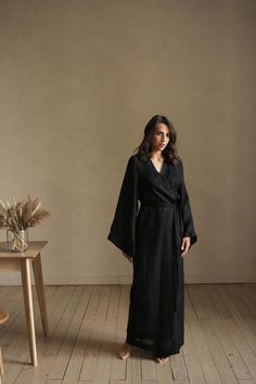 Luxury Black Robe With Kimono Sleeves, Luxury Black Linen Dress, Luxury Summer Maxi-length Abaya, Black Spa Robes, Luxury Loungewear Robe With Tie Waist, Long Flowy Linen Robe, Luxury Elegant Robe For Daily Wear, Long Robe Modal, Luxury Black Robe For Women