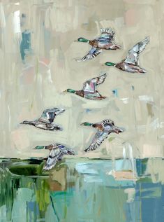 a painting of ducks flying in the sky