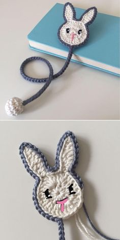 crochet bunny bookmarks are made with yarn and thread to make them look like they're smiling