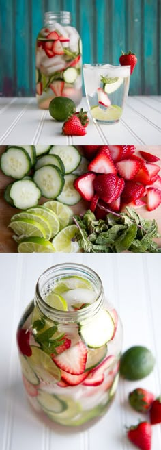 there is a jar filled with sliced strawberries and cucumbers