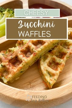 cheesy zucchini waffles with broccoli in the background