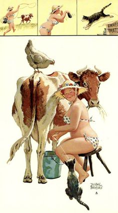 a drawing of a woman in bathing suits milking a cow