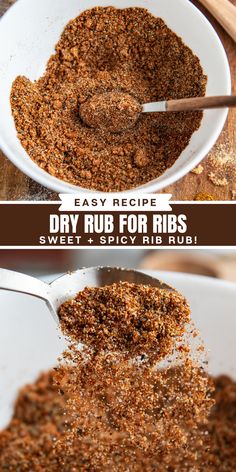 two bowls filled with dry rubs on top of a wooden table